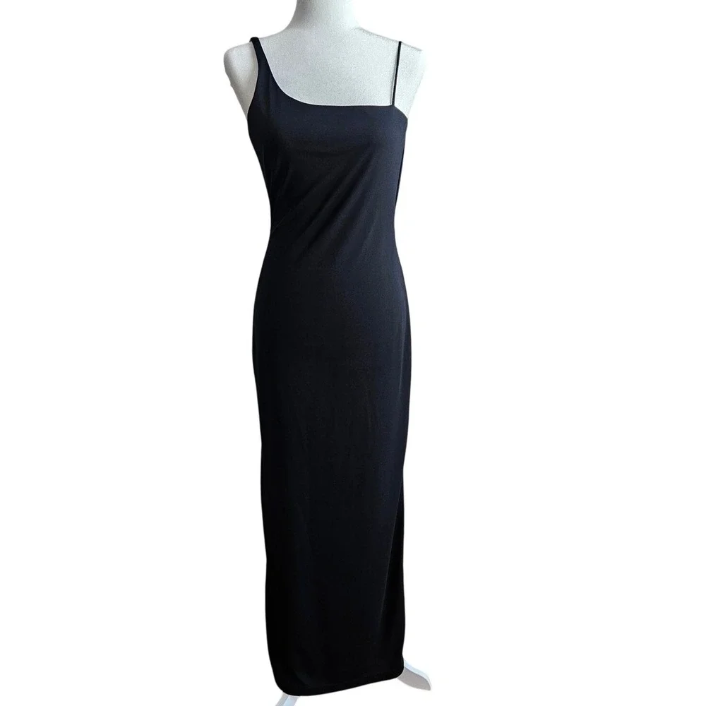 Vintage 90s Black Slip Dress Open Scoop Back Leg Slits Women's XS‎ Formal Prom